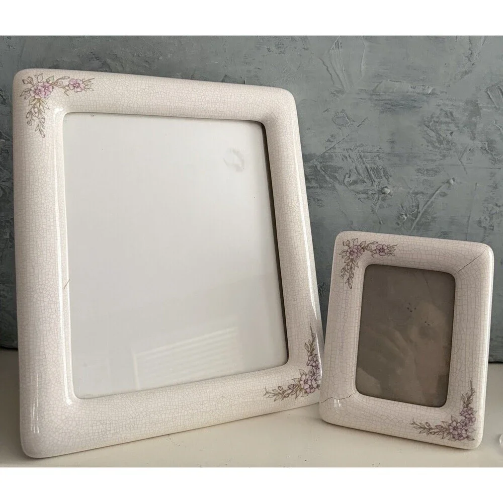 Vintage Hallmark Crackle Floral Rose Rectangle Frame Ceramic Set Cottage 8X10